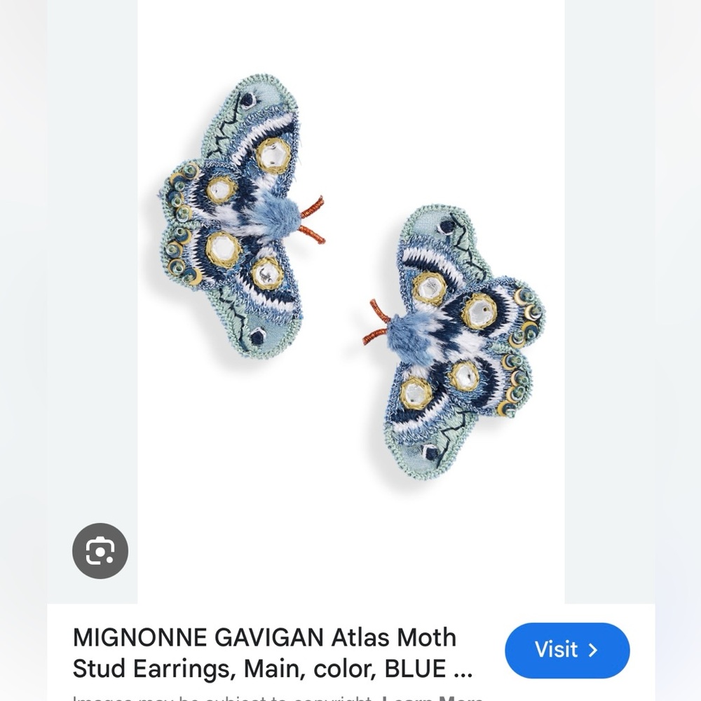Mignonne Gavigan blue atlas moth earrings - never worn